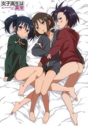 3girls ass barefoot bed_sheet black_hair blush bottomless brown_eyes brown_hair commentary_request danshi_koukousei_no_nichijou feet fumitan_(humitan) glasses habara_(danshi_koukousei) hair_ornament hairclip hug ikushima_(danshi_koukousei) jacket looking_at_viewer lying multiple_girls naked_jacket no_panties on_back on_side open_mouth short_hair toes track_jacket twintails yanagin_(danshi_koukousei) young