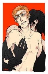 2boys 2d artist_request black_hair blush color gay general_hux gloves human kylo_ren male male/male male_only red_hair seductive seductive_look star_wars topless yaoi