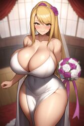 ai_generated blonde_hair blush bouquet_of_flowers bride huge_breasts metroid nintendo samus_aran smiling thick_thighs wedding_dress wedding_veil