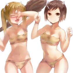 2girls armpits bare_shoulders blonde_hair blush_stickers breasts brown_eyes brown_hair clenched_hands club_(weapon) commentary_request contrapposto covering_face covering_own_eyes danshi_koukousei_no_nichijou flat_chest hair_ornament hairclip hidden_eyes horns looking_at_viewer midriff multiple_girls naso4 navel oerba_yun_fang oni oni_horns open_mouth photoshop_(medium) ringo-chan_(danshi_koukousei) short_hair short_twintails simple_background small_breasts smile standing strapless tadakuni's_little_sister tube_top tubetop twintails v v_over_eye weapon