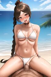 1boy 1girls ahe_gao ai_generated airest avatar_legends avatar_the_last_airbender bangs beach bikini bikini_bottom_aside blush braid brown_hair clouds collar collarbone cowgirl_position fire_nation girl_on_top grapefruit_(model) medium_breasts navel open_mouth sex single_braid stable_diffusion swimsuit tongue tongue_out ty_lee water white_bikini