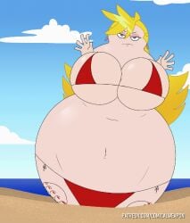 animated beach big_breasts big_feet bikini bottom_heavy comical_weapon immobile inflation panty_&_stocking_with_garterbelt panty_anarchy pear_shaped pear_shaped_female pear_shaped_figure tf thong_bikini