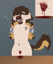 andromorph anthro blood bodily_fluids clit_torture clitoral_hood clitoris cuntboy duct_tape genital_torture genitals gore hands_behind_back hi_res hyena intersex mammal masochism mr._blue_(artist) parker_(kibbleztheyeen) pins pussy pussy_torture restrained sharp_teeth solo striped_hyena tape teeth torture