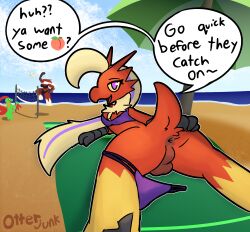 2023 anthro anus ass ball beach beach_towel beach_umbrella beach_volleyball bikini bikini_bottom bikini_removed bikini_thong bikini_top blaziken breasts brussel_(otterjunk) bulge carol_(otterjunk) furry futanari generation_3_pokemon grovyle gynomorph hair hi_res intersex long_hair net nintendo otterjunk pokemon pokemon_(species) presenting presenting_anus public public_sex racha_(otterjunk) sand seaside sex small_breasts sport swimwear towel volleyball volleyball_(ball) volleyball_net