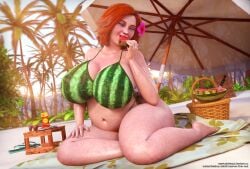 1girls 3d beach big_ass big_breasts bikini blush closed_eyes curvy eating female female_only flower_in_hair freckles hairy huge_ass huge_breasts milf mostly_nude orange_hair original original_character pubic_hair rasmus-the-owl redhead shannon_o'connell solo stretched_pussy thick_thighs watermelon watermelon_bikini watermelon_bra wide_hips