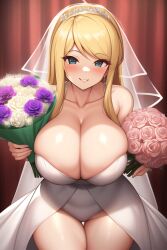 ai_generated blonde_hair blush bouquet_of_flowers bride huge_breasts metroid nintendo samus_aran smiling thick_thighs wedding_dress wedding_veil