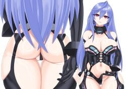 1girls arms_behind_back artist_request ass ass_focus breasts clothes_lift collar cpu_(neptunia) earrings elbow_gloves female_only front_and_back goddess iris_heart large_breasts lilac_hair long_hair looking_at_viewer magenta_eyes neptunia_(series) open_mouth partially_clothed plutia power_symbol-shaped_pupils pussy_lips simple_background tagme thick_thighs