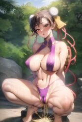 ai_generated blush chun-li embarrassed nature_background nipples_visible_through_clothing off_model outside peeing sling_bikini street_fighter tagme wetness wetting