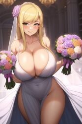 ai_generated blonde_hair blush bouquet_of_flowers bride huge_breasts metroid nintendo samus_aran smiling thick_thighs wedding_dress wedding_veil