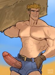 1boy bara buff cock denim_shorts erect_penis erection kaito_draws kent_(stardew_valley) male male_focus male_only muscles muscular muscular_male poking_out shiny_penis shirtless showing_penis solo solo_focus stardew_valley