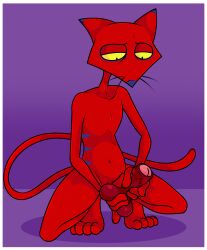 anthro ball_fondling balls cartoon_network courage_the_cowardly_dog crouching fondling genitals hi_res katz_(courage_the_cowardly_dog) male male_only masturbation nude penile penile_masturbation penis simple_background solo tinydevilhorns