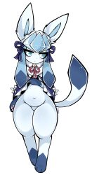 anthro bell bell_collar belly blue_body blue_eyes blush bottomless bottomless_female bow_ribbon clothed clothing collar eeveelution felid female generation_4_pokemon glaceon hi_res koivyx maid_collar maid_uniform mammal nintendo pokémon_(species) pokemon pokemon_(species) pokemon_unite shy slightly_chubby solo squish standing tea_party_style_glaceon uniform