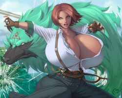 1girls 720p alternate_breast_size angry artist_logo badge bakunyuu battle battle_stance belt big_breasts blue_eyes bob_cut breasts brown_belt brown_gloves bursting_breasts buttoned_shirt canine curvy deviantart enormous_breasts female female_focus fight fingerless_gloves giovanna_(guilty_gear) gloves green_fur guilty_gear guilty_gear_strive high_resolution highres hourglass_figure huge_breasts large_breasts leather_belt leather_gloves light_blue_eyes mangrowing medium_hair multiple_belts open_shirt outstretched_arms pants perky_breasts police_badge policewoman recycling_symbol shirt standing summon suspenders suspenders_hanging thin_waist unbuttoned unbuttoned_shirt white_shirt