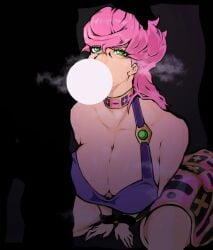 alternate_breast_size arm_support black_bra blowjob bound bound_wrists bra bralette captured censored cleavage dark_room fellatio female female_focus green_eyes hanging_breasts hman jojo's_bizarre_adventure large_breasts looking_at_partner pink_hair rape restrained shadow shadow_man shadowy_figure sitting skirt trish_una