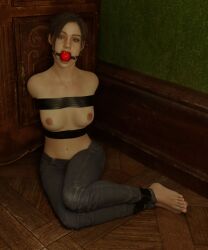 1girls 3d 3d_(artwork) arms_behind_back ball_gag blue_eyes bondage bound bound_ankles bound_arms breasts brown_hair capcom captured captured_heroine claire_redfield female female_only femsub gag gagged jeans looking_at_viewer nipples on_floor pants ramzes43 resident_evil resident_evil_2 resident_evil_2_remake solo solo_female submissive submissive_female tape tape_bondage topless topless_female