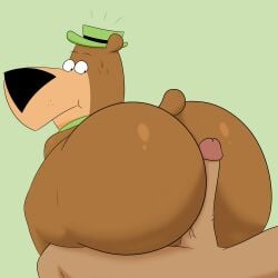 1:1 2022 absurd_res anthro ass bear big_ass big_ass_(male) big_butt bodily_fluids brown_body brown_fur clothing collar colossalstars duo erection fat_ass fur genitals hanna-barbera hat headgear headwear hi_res huge_butt jellystone_(hbo_max) looking_back male male_only mammal penis penis_against_ass penis_against_cheek penis_vein shocked_expression sweat thick_thighs vein veiny_penis yogi_bear yogi_bear_(character)