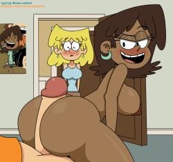 1boy 2girls big_nipples blori_(the_loud_house) blush bottomless bottomless_male brown_nipples bubble_butt caucasian clothed clothed_female dark-skinned_female dark_skin doorway earrings embarrassed embarrassed_female huge_ass huge_breasts huge_cock huge_glans light-skinned_male lincoln_loud looking_back looking_back_at_partner lori_loud nipples nude nude_female partial_male penis_between_ass reference_image sideboob surprised surprised_expression the_loud_house whalewarrior123z white_penis white_skin