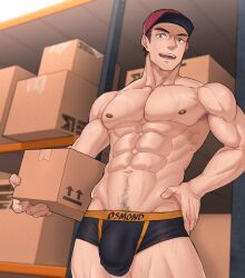 1boy bara briefs buff bulge courier_(pokemon) flaccid flaccid_penis gay male male/male male_focus male_only osmond osmond_159 pokemon pokemon_sm pokemon_sv pubic_hair sweat sweating underwear yaoi