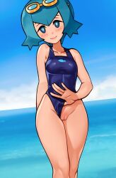 1girls aged_up blue_eyes blue_hair blush breasts eye_contact female female_only knees lana_(pokemon) loodncrood looking_at_viewer mob_face perfect_legs pokemon pokemon_sm pussy short_hair solo swimsuit thighs thighs_together uncensored