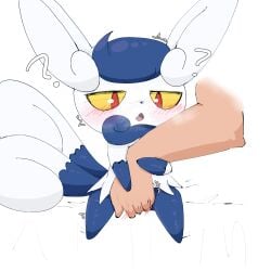 absurd_res aka_leopard anthro blue_body blush disembodied_hand duo female finger_fuck fingering generation_6_pokemon hi_res human male male/female mammal meowstic nintendo open_mouth pokemon pokemon_(species) raised_tail simple_background tail vaginal_penetration white_background white_body yellow_eyes