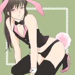 alternate_costume androgynous black_hair black_legwear black_panties black_thighhighs bowtie bunny_boy bunny_ears bunny_tail crossdressing damascusn expressionless femboy gintama high_heels katsura_kotarou kneeling long_hair long_hair_male male male_only male_playboy_bunny otoko_no_ko panties solo thighhighs trap vest wrist_cuffs