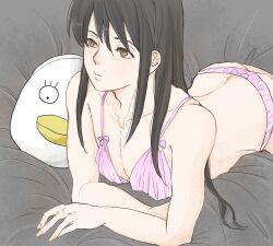 androgynous black_hair bra brown_eyes crossdressing damascusn elizabeth_(gintama) femboy gintama katsura_kotarou lingerie long_hair long_hair_male male male_only on_bed on_stomach pale-skinned_male pale_skin panties pink_bra pink_panties plushie solo trap