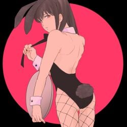 alternate_costume black_hair bowtie bunny_boy bunny_ears bunny_tail bunnysuit crossdressing damascusn detached_collar expressionless femboy fishnets gintama katsura_kotarou long_hair long_hair_male looking_at_viewer looking_back male male_only male_playboy_bunny otoko_no_ko rear_view solo tray twink wrist_cuffs