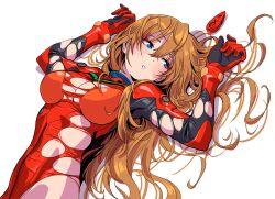 1girls arms_up asuka_langley_sohryu blue_eyes bodysuit breasts brown_hair cleavage female large_breasts light-skinned_female light_skin lying lying_on_back neon_genesis_evangelion on_back plugsuit rebuild_of_evangelion revealing_clothes solo tight_clothing torn_bodysuit torn_clothes yamashita_shun'ya