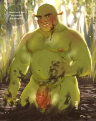 anthro bald balls beefy blush body_hair chest_hair daddy dialogue dreamworks english_text foreskin genitals hi_res humanoid light looking_at_viewer male male_only manly mud nipples nude ogre penis plant severeni shrek shrek_(series) signature solo speech_bubble sunlight talking_to_viewer text tree watermark