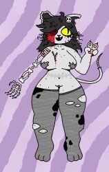 anthro blood bodily_fluids clothing dimsun domestic_cat felid feline felis female gesture legwear mammal missing_arm missing_eye nude scar solo stockings thick_thighs v_sign