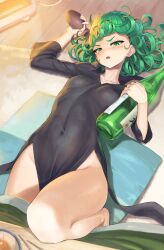 1girls absurd_res alcohol barefoot black_dress blush bottle breasts carpet collarbone covered_navel curly_hair dress female female_focus green_eyes green_hair hi_res indoors long_sleeves looking_at_viewer lying navel no_panties on_back one-punch_man open_mouth pillow sai_(abyss05) sake_bottle short_hair small_breasts solo table tatsumaki thighs toned wooden_floor