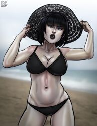 beach big_breasts bikini black_bikini black_hair black_lipstick blue_eyes breasts busty female female_focus female_only goth hat hourglass_figure lipstick madeline_zoldak makeup navel outdoors outside pale-skinned_female pale_skin pinup pinup_pose pose posing pumpkinsinclair short_hair standing wide_hips