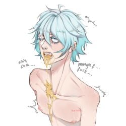 blue_eyes blue_hair chongyun_(genshin_impact) emetofilia emetophilia feminine_male genshin_impact male_only pale-skinned_male pale_skin puke vomit vomiting white_background