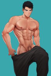 1boy abs absurdres aqua_background bara black_hair black_pants closed_mouth clothes_pull highres large_pectorals looking_at_viewer male male_focus male_pubic_hair muscular muscular_male naoki_(xhju8282) navel nipples no_male_underwear original pants pants_pull pectorals penis penis_peek pubic_hair short_hair simple_background six_pack solo solo_male topless_male