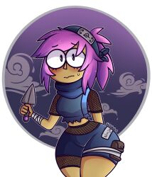 1girls blush cosplay crossover crossover_cosplay enid female female_only fishnet fishnets fully_clothed hips holding_object messy_hair naruto ninja ninja_headband ok_k.o.!_let's_be_heroes purple_hair solo solo_female solo_focus thick_hips thick_thighs thighs veianaan wide_hips wide_thighs worried worried_expression worried_face worried_look