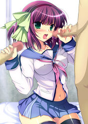 1girls 2boys angel_beats! angry bed bed_sheet bedroom belly belly_button blush breasts censored censored_penis female green_eyes handjob headband penis pink_hair saliva school_uniform skirt sweat tagme thick_thighs tight_clothing tongue tongue_out yuri_nakamura zettai_ryouiki zettai_ryouiki(skirt)