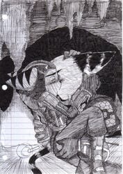 2boys alister_azimuth anthro artist_request cave gay kissing male male_only monochrome ratchet_(ratchet_and_clank) ratchet_and_clank tagme traditional_media_(artwork)