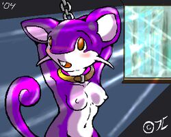 2004 5:4 anthro arms_behind_head blush bound breasts brown_eyes chain collar color day female female_only front_view fur furry furry_breasts furry_ears furry_tail indoors nintendo nipples nude open_eyes open_mouth pokemon purple_fur raised_tail rattata round_ears solo tail whiskers white_fur window zidanerfox