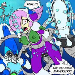 1boy 1girl afterimage double_insertion double_penetration hair_over_one_eye lumine_(mega_man) mega_man mega_man_x motion_lines multiple_insertions open_mouth penis_on_head r!p red_eyes restrained rule_63 scared speech_bubble squid_adler surprised tentacle_rape tentacles uncensored underwater underwater_sex volt_kraken