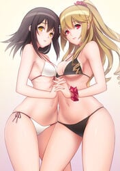 2girls aiba_asagi asymmetrical_docking bikini black_bikini blonde_hair blush breast_press breasts brown_hair cleavage curly_hair fingernails front-tie_top hair_ornament hairclip highres himeragi_yukina holding_hands interlocked_fingers lintanghaseo lips long_hair looking_at_viewer multiple_girls navel one_side_up red_eyes scrunchie side-tie_bikini smile strap_gap strike_the_blood string_bikini swimsuit white_bikini white_swimsuit yellow_eyes