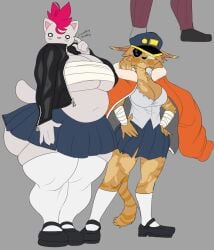 big_breasts big_butt black_jacket chubby chubby_female confused eye_patch eyepatch fat fat_female grey_fur magenta_hair mrjaysin orange_fur orange_jacket pink_hair short_skirt skirt stockings tail thick_thighs white_eyes