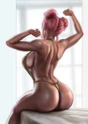 1girls ass big_ass big_breasts big_butt bikini breasts bubble_(dandon_fuga) bubble_ass bubble_butt dandon_fuga dark-skinned_female dark_skin dimples_of_venus female female_only girls muscles muscular muscular_female original original_character pink_hair solo speech_bubble stretching swimsuit tagme