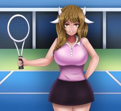 >:) 1girls alternate_costume bare_thighs braid breasts brown_eyes brown_hair female female_only fire_emblem fire_emblem_engage goldmary_(fire_emblem) grin large_breasts looking_at_viewer medium_hair nintendo outdoors seelenfresserin skirt smile solo tennis_racket tennis_uniform thighs