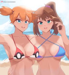 2girls abs asymmetrical_hair beach bikini blue_bikini breasts brown_hair clothing daymandraws female female_only green_eyes high_resolution huge_breasts kasumi_(pokemon) large_breasts legs looking_at_viewer misty_(pokemon) multiple_girls muscle nipples pokemon pokemon_(game) pokemon_character pokemon_rgby ponytail pussy short_ponytail side_ponytail swimsuit tea_gardner tied_hair water yu-gi-oh!