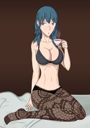 alzar blue_eyes blue_hair breasts byleth_(fire_emblem) byleth_(fire_emblem)_(female) cleavage female female_only fire_emblem fire_emblem:_three_houses large_breasts leggings nintendo solo