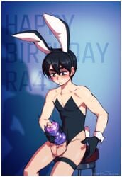 1boy 2023 artificial_vagina athletic_male balls birthday blush bunny_ears bunnysuit dark_eyes dark_hair femboy fishnets fleshlight gloves lapinbeau masturbation penetrable_sex_toy penis signature sitting solo_focus solo_male stool