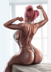 1girls ass big_ass big_breasts big_butt bikini breasts bubble_(dandon_fuga) bubble_ass bubble_butt dandon_fuga dark-skinned_female dark_skin dimples_of_venus female female_only girls muscles muscular muscular_female original original_character pink_hair solo speech_bubble stretching swimsuit tagme