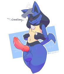 absurd_res anthro balls blush bodily_fluids ejaculation fur generation_4_pokemon genitals hi_res knot lucario male male_only mammal nintendo nude petting pokemon pokemon_(species) simple_background smile tail tail_motion tailwag text tinysmallman