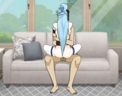 1boy 1girls aqua_(konosuba) arms_around_neck arms_around_partner ass couch cowgirl_position enoque kono_subarashii_sekai_ni_shukufuku_wo! long_hair sex sitting_on_person stockings straight thighhighs vaginal_penetration