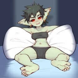 1girls 2023 big_ears black_hair blush cute_fang deadslot4 feet goblin goblin_female green_skin long_ears midriff navel_piercing original pixie_cut red_eyes scar shortstack skuffel thighs tubetop